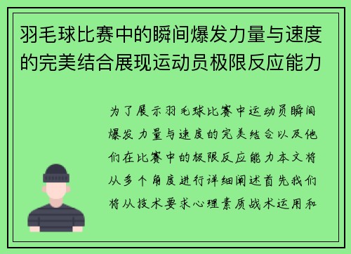 羽毛球比赛中的瞬间爆发力量与速度的完美结合展现运动员极限反应能力